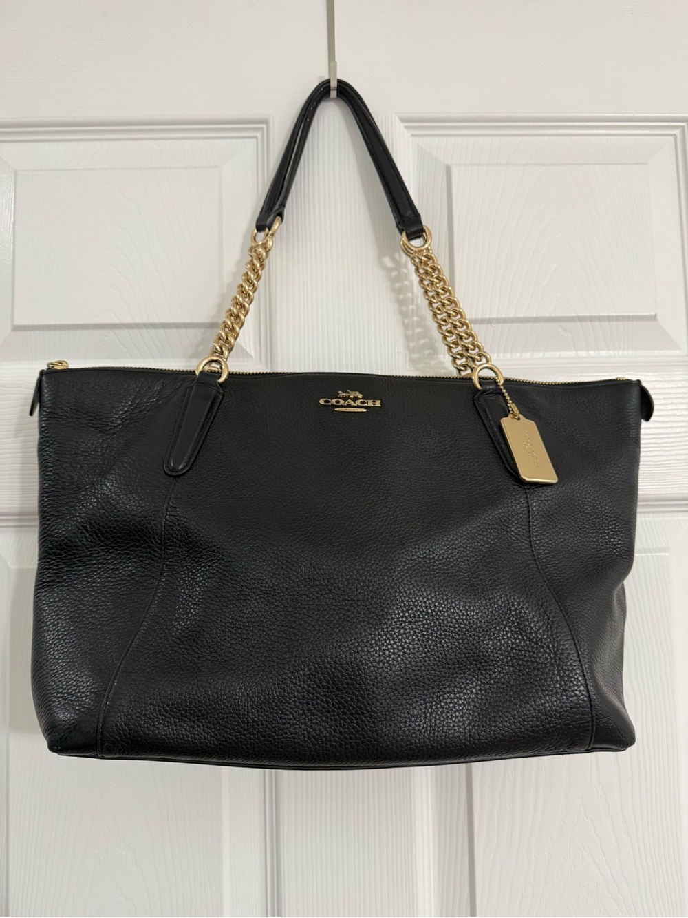 Coach Black Pebbled Leather Tote with Gold Chain Straps